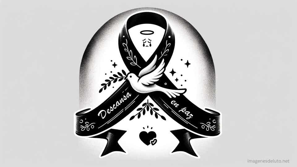 Paloma blanca ascendiendo sobre una cinta de luto negra con la inscripción 'Descansa en Paz' rodeada de estrellas y un corazón, simbolizando paz y consuelo.