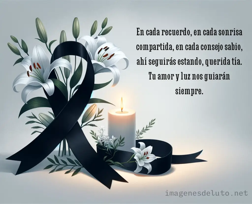 Ilustración de condolencia, que muestra una cinta negra y lirios blancos a la izquierda, hojas verdes y una vela encendida, con un fondo gris degradado.