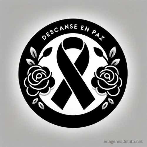 mblema redondo con una cinta de luto y rosas, con la inscripción 'Descanse en Paz' alrededor, simbolizando respeto y el ciclo eterno de la vida.