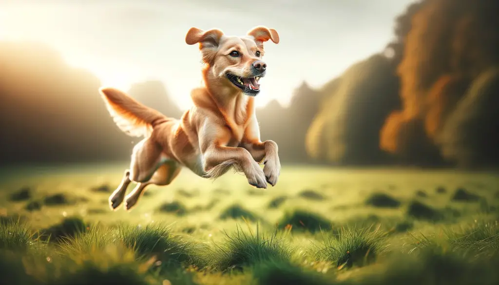 Perro bronceado saltando alegremente sobre la hierba con un fondo borroso.