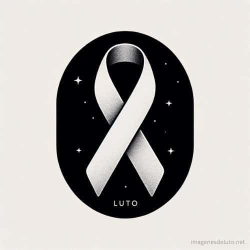 Listón de luto blanco y negro con un fondo estrellado, simbolizando el respeto y el recuerdo a un ser querido fallecido.