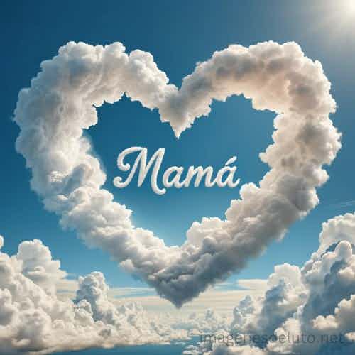 Corazón formado por nubes en el cielo con la palabra 'Mamá' en el centro, simbolizando amor y recuerdo eterno.