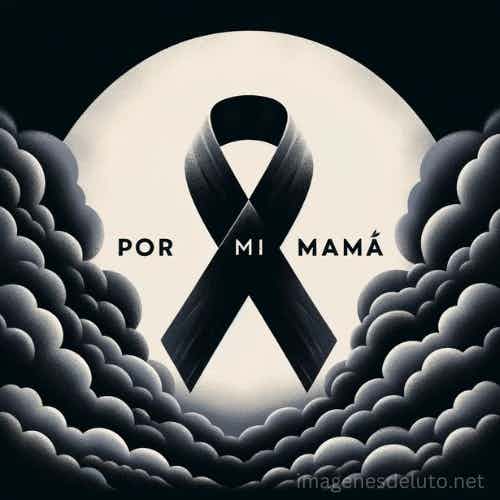 Imagen de luto con un lazo negro y las palabras 'POR MI MAMÁ' enmarcadas por nubes, representando el duelo y amor hacia una madre que ha fallecido.