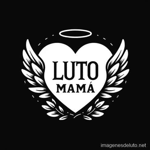 Diseño conmovedor que muestra un corazón con alas y una aureola con la palabra 'LUTO MAMÁ', simbolizando el amor y la memoria de una madre fallecida.